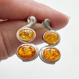 Double Amber Ovals Sterling Silver Earrings